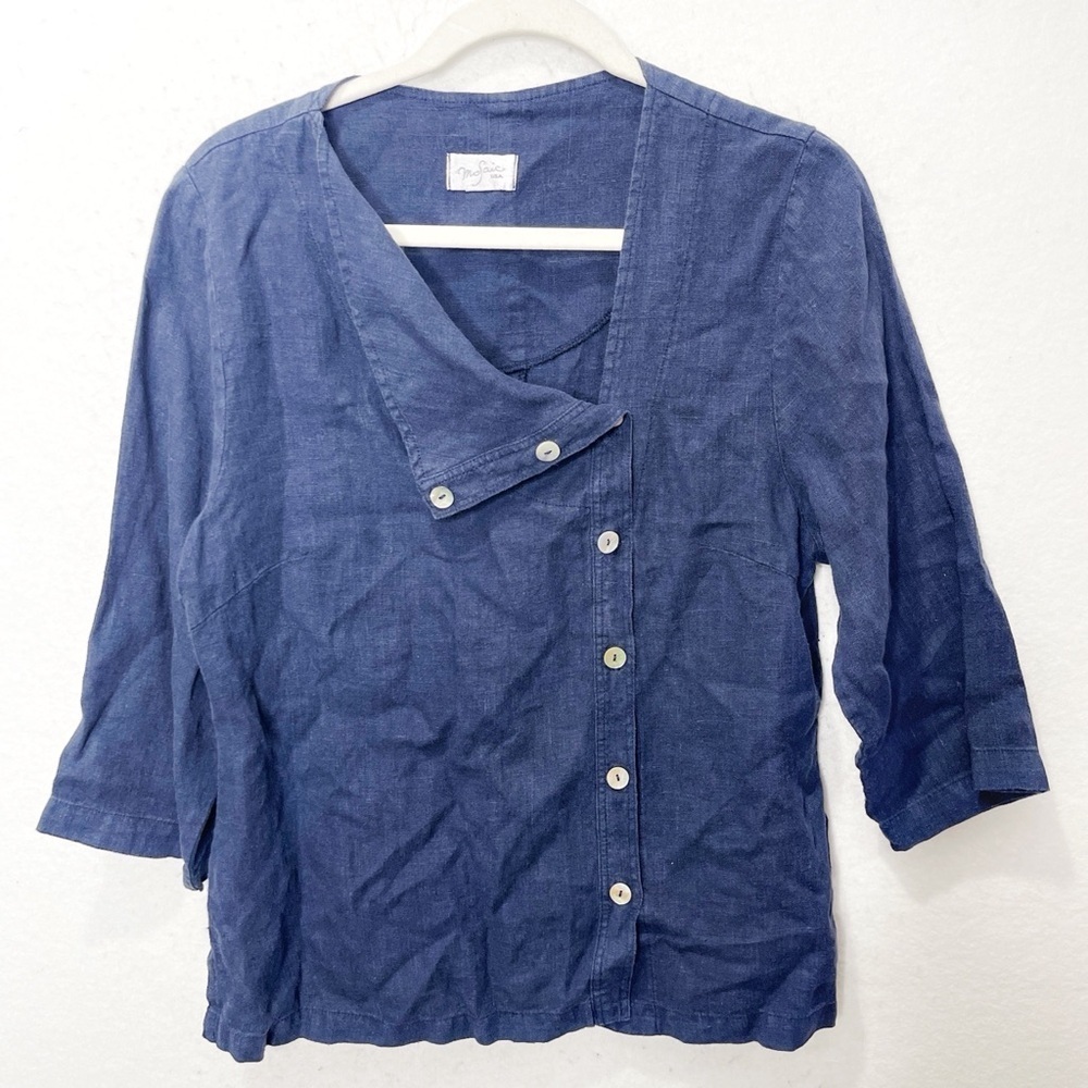 Mosaic 100% Linen Asymmetrical Button Top Navy Artsy